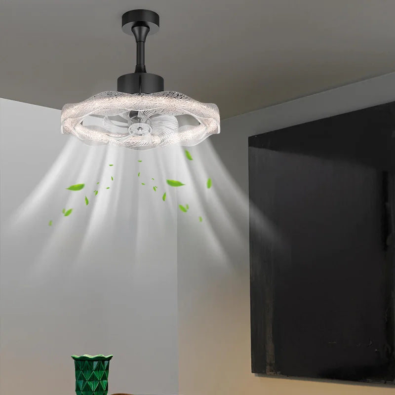 ventilateur moderne blanc noir transparent motifs décoratifs fixations crochets led télécommande