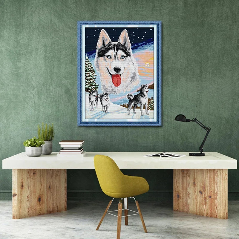 kit broderie husky flocons paysage hiver toile 11ct 14ct coton fil cadre enfants décoration