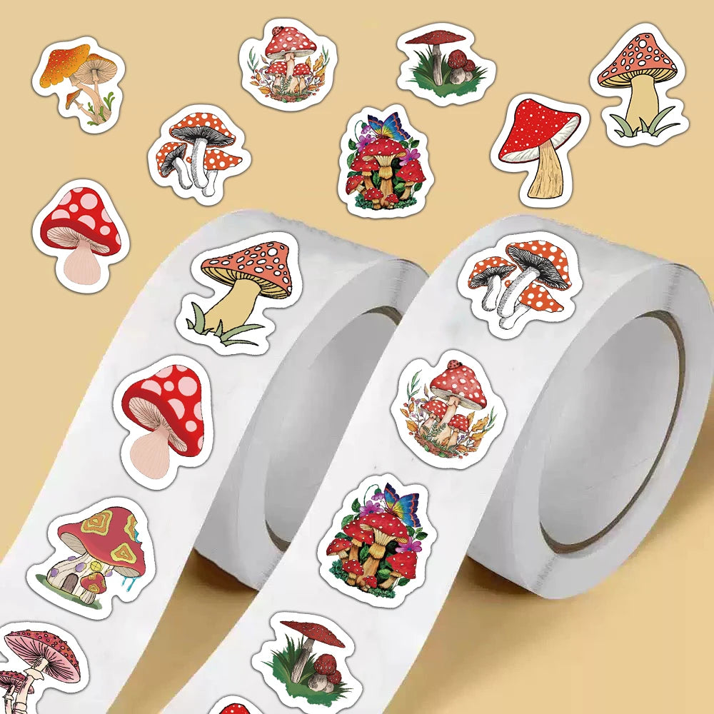 autocollants adhésifs champignons colorés motifs floraux cartoon 500 pièces rouleau opaques variés rouge vert