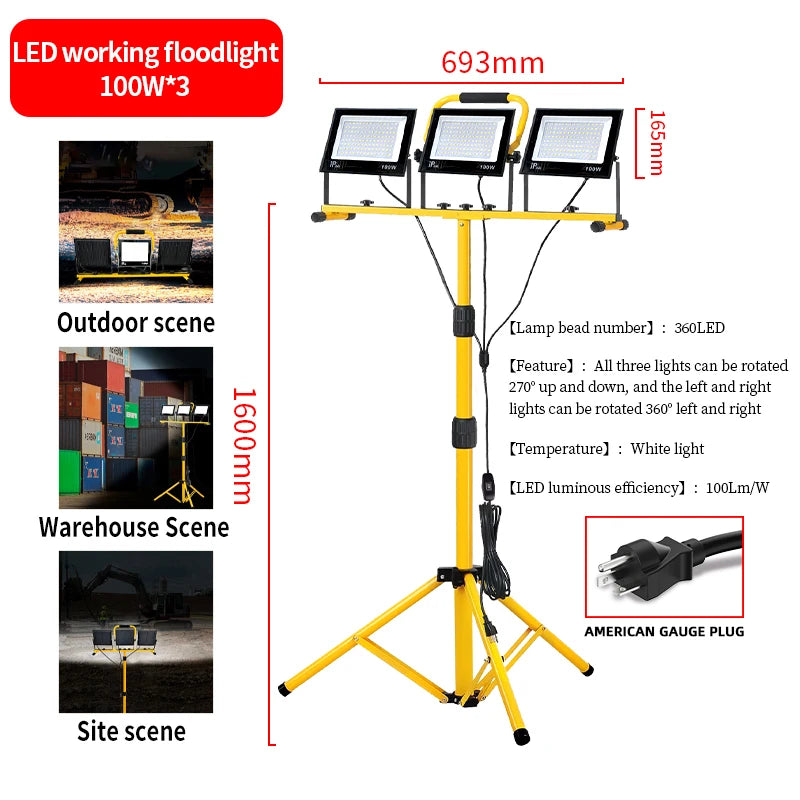 lampe travail portable urgence jaune noire ip66 led aluminium moderne câble prise optique support
