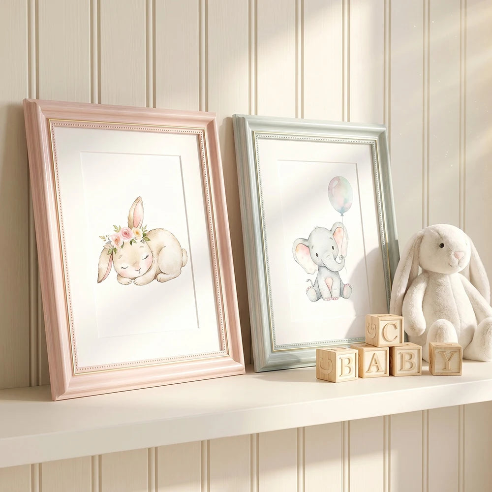cadre photo rose clair gris clair illustrations animales transparent classique équerre dos large profondeur