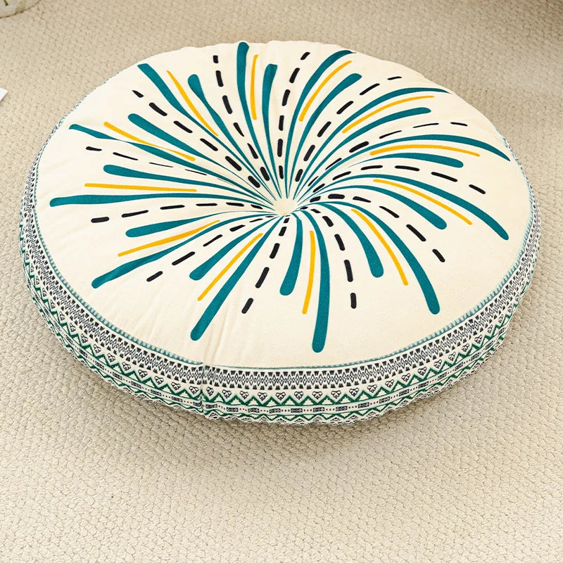coussin rond boho chic motifs floraux géométriques antidérapant polyester blanc bleu