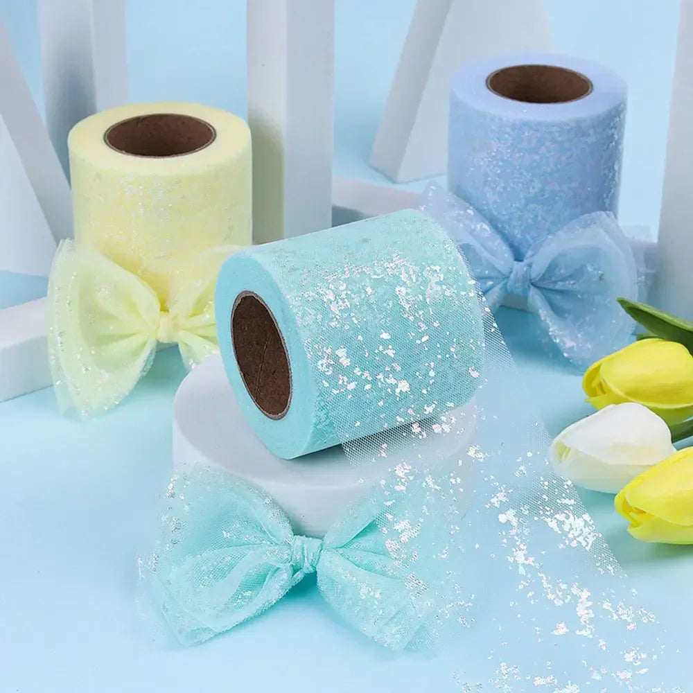 ruban décoratif pailleté bleu clair rose violet blanc jaune pastel 6cm largeur polyester