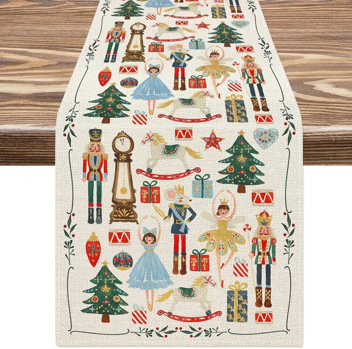 Illustration colorée remplie d'éléments décoratifs traditionnels pour Noël, tels que des figurines de soldats, des sapins, des cadeaux et des boules de Noël, créant une atmosphère festive et nostalgique.