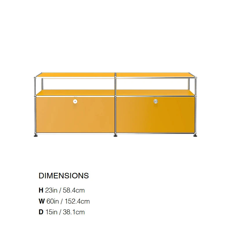 meuble rangement moderne orange bleu clair plateaux transparents poignées métalliques