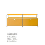 meuble rangement moderne orange bleu clair plateaux transparents poignées métalliques