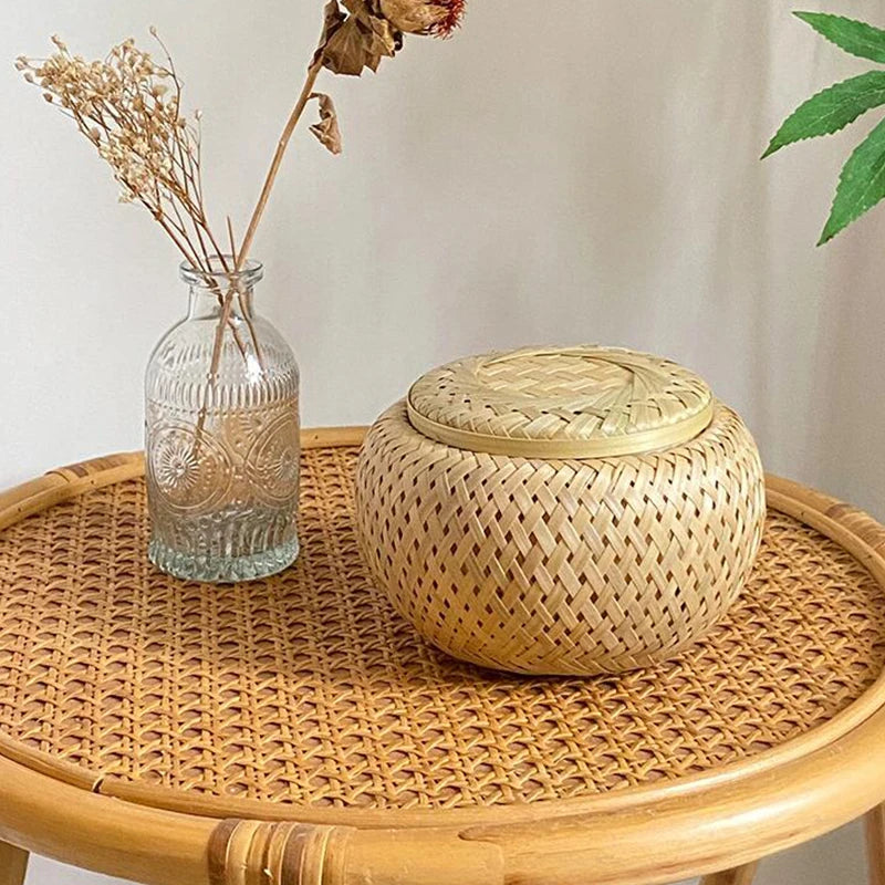 paniers rangement bambou tissé main couvercle motif géométrique naturel traditionnel bohème durable écologique