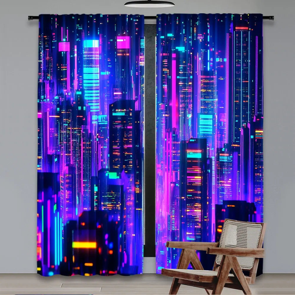 rideau moderne ville futuriste bleu violet noir polyester chambre salon 105x230cm 75x166cm 130x210cm