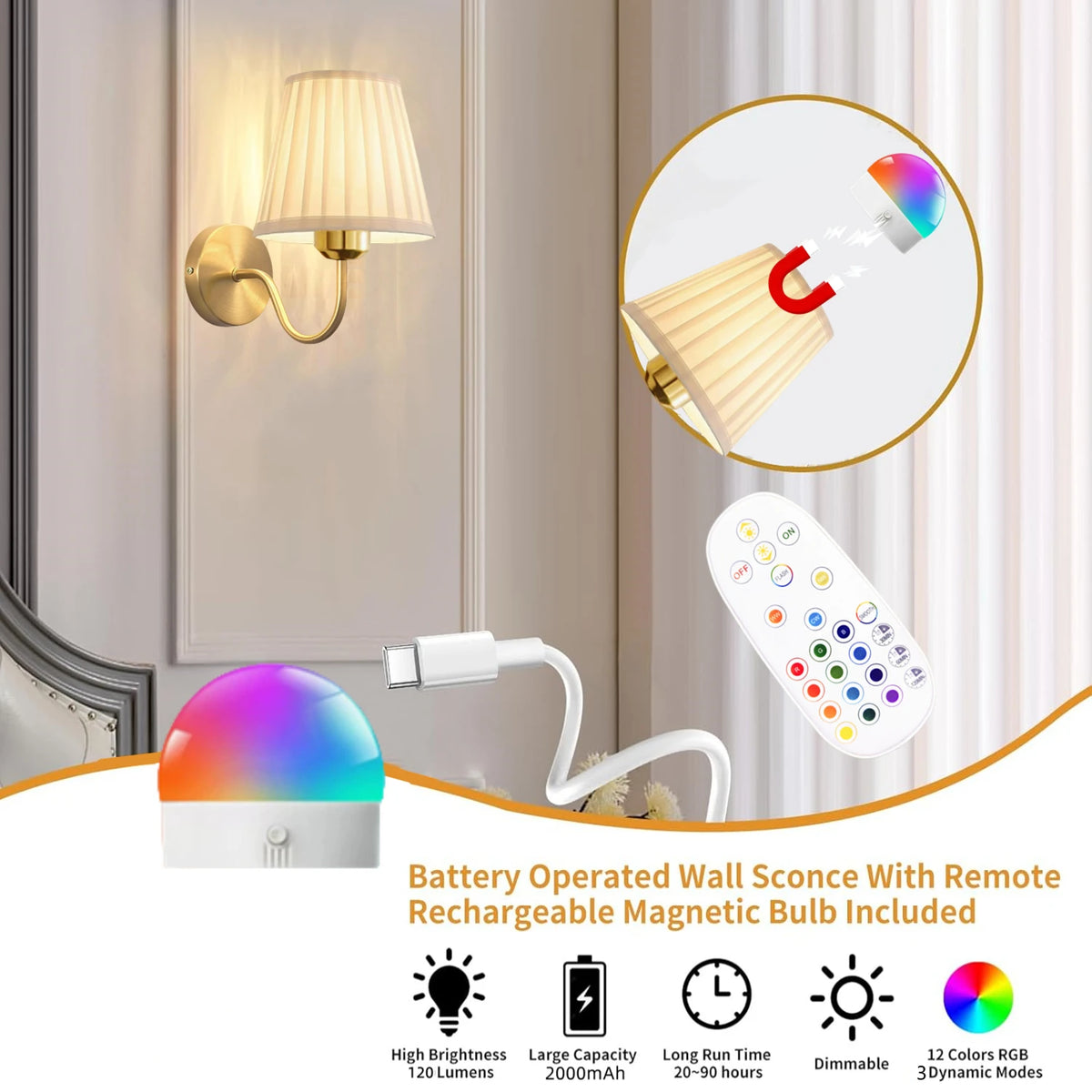 lampe murale sconce or abat jour plissé classique télécommande 15 couleurs rvb led rechargeable