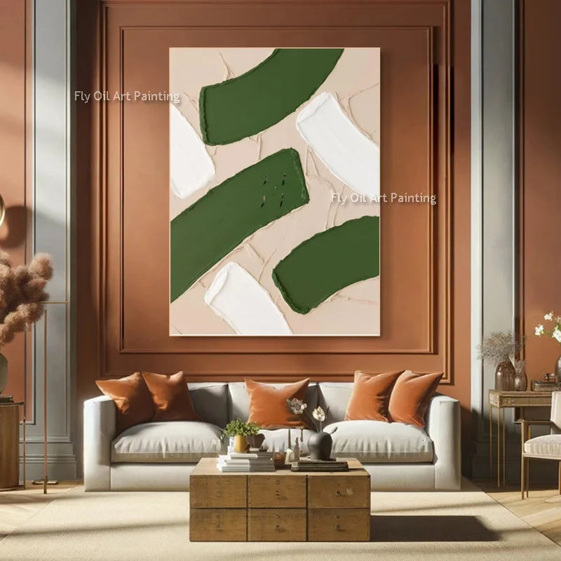 peinture l'huile abstraite contemporaine vert foncé vert clair beige lignes ondulées toile sans cadre