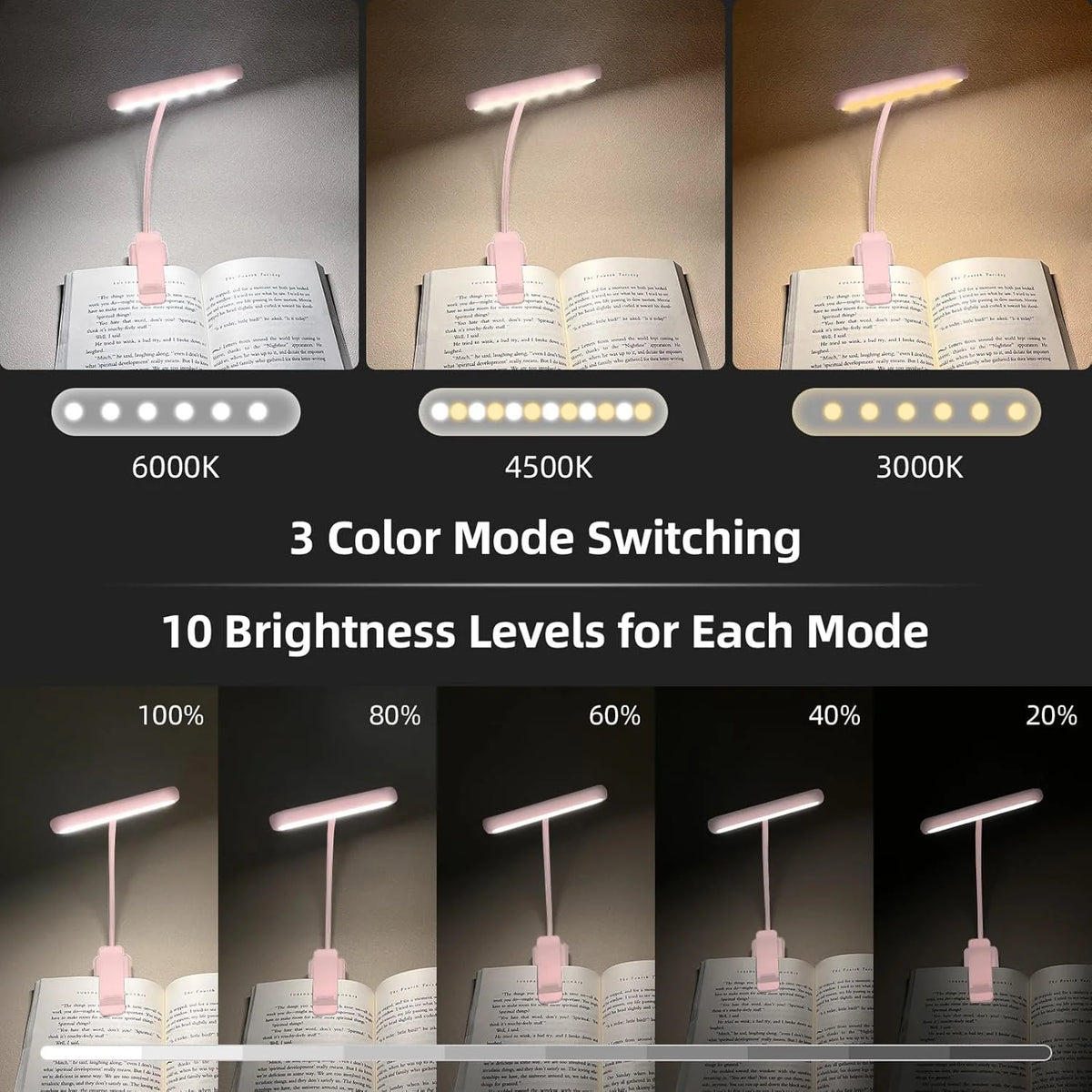lampe lecture rechargeable rose pinces clipser minimaliste lumière blanc chaude froide usb portable