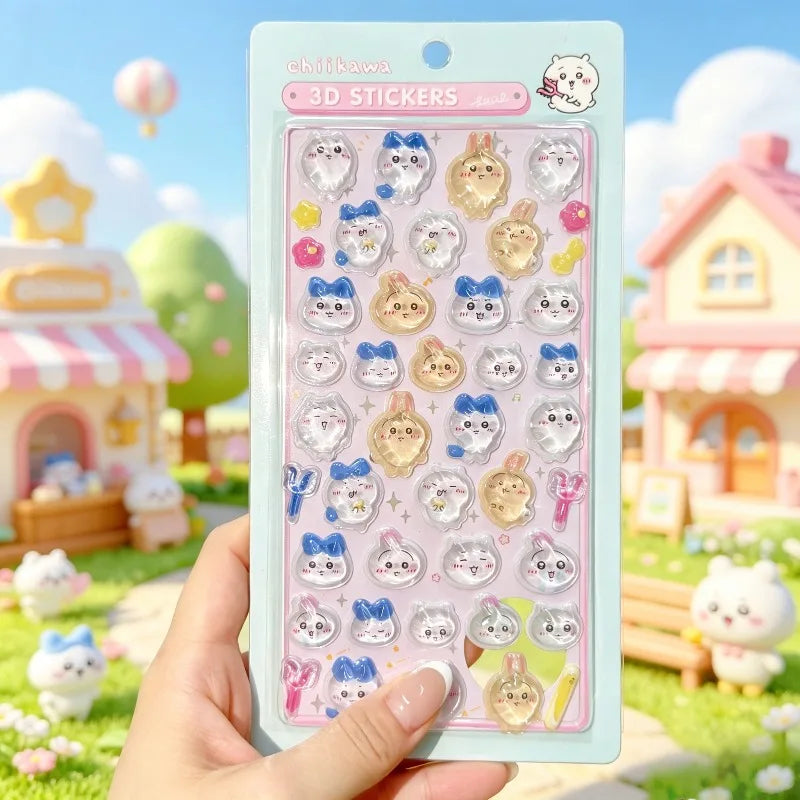 sticker 3d kawaii dessins animés chats lapins adhésif collection bleu rose jaune blanc