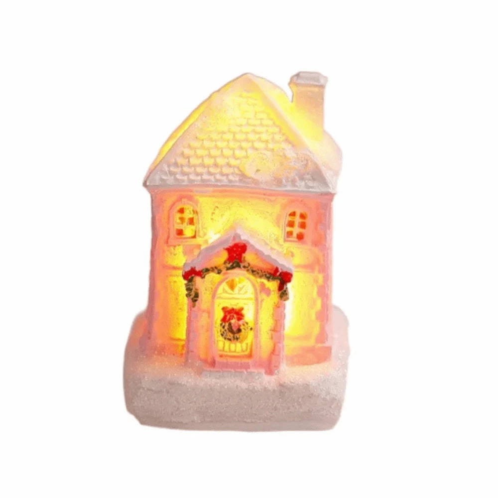 ornement noël miniature maison lumineuse rose brique neige toit fenêtres porte guirlandetoyshop