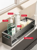 rangement évier multi usages argenté blanc vert serviette éponge savon moderne minimaliste comptoir accessoire
