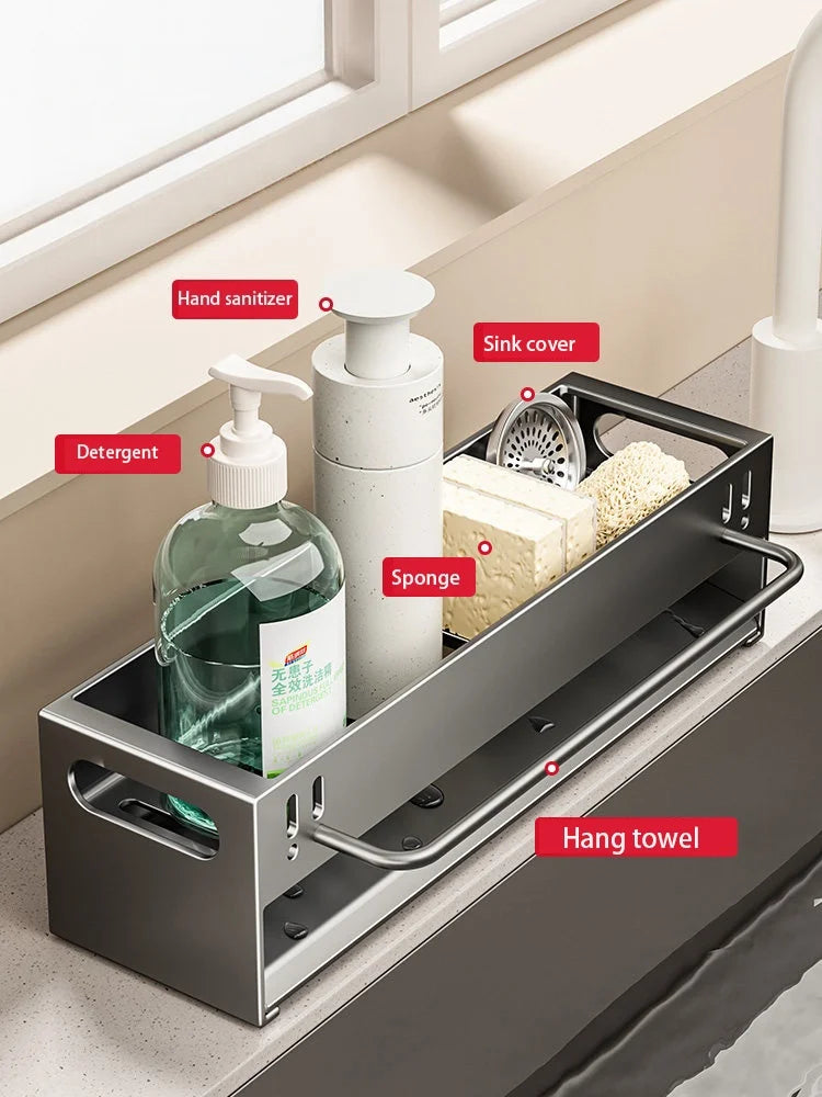 rangement évier multi usages argenté blanc vert serviette éponge savon moderne minimaliste comptoir accessoire