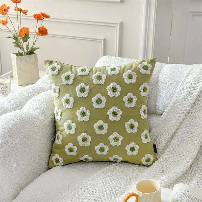 housse coussin brodée fleur marguerite polyester coton blanc jaune décorative salon voiture 30x50cm zip