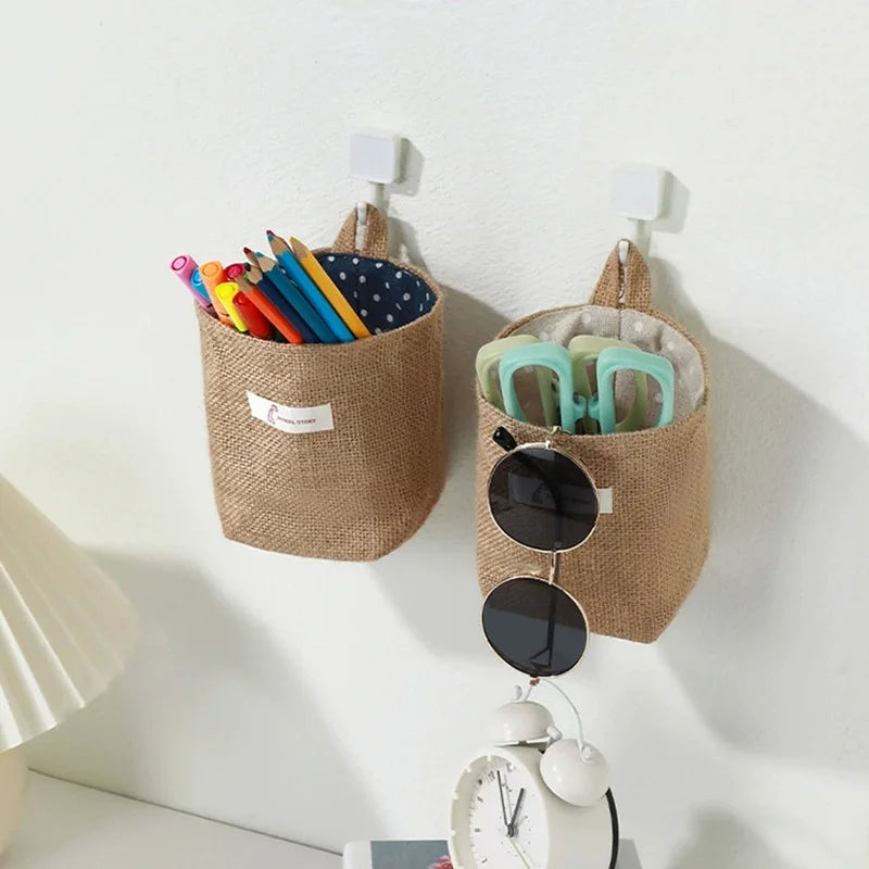sac rangement toile jute pois rayures beige bleu clair rustique boho chic pliable crochet