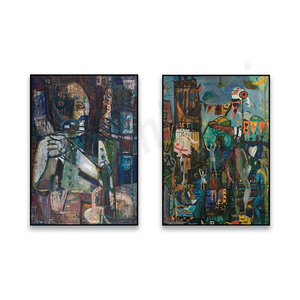 Deux tableaux abstraits aux couleurs vives et aux formes fantaisistes, suggérant un monde imaginaire plein de mystère et de vitalité.