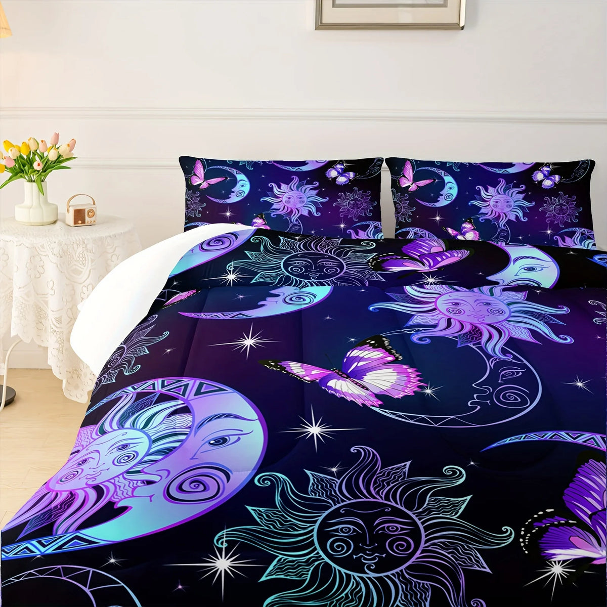 housse couette impression 3d lune soleil papillons violet bleu noir fantastique chambre enfant