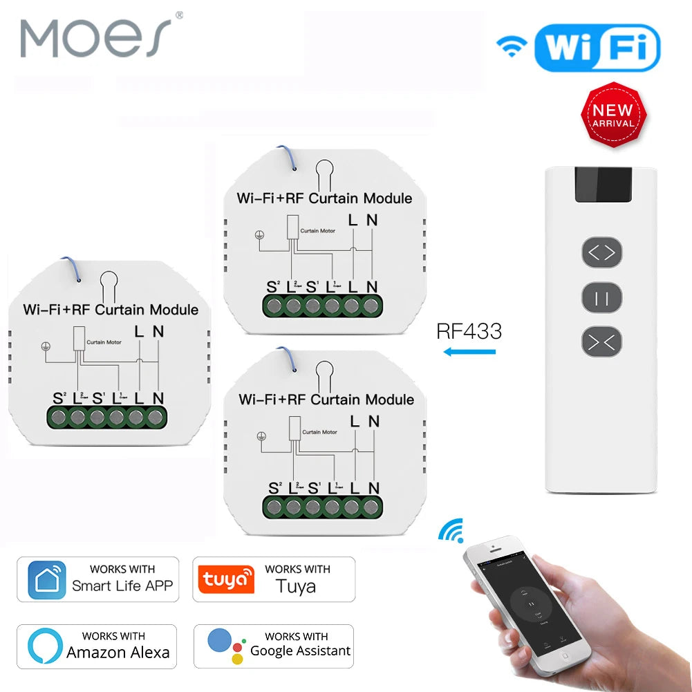 module rideau motorisé intelligent télécommande rf433 application smartphone contrôle vocal programmation