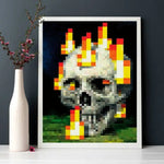 cadre mural moderne pixel art crâne flammes noir rouge salon chambre coucher graphique bois
