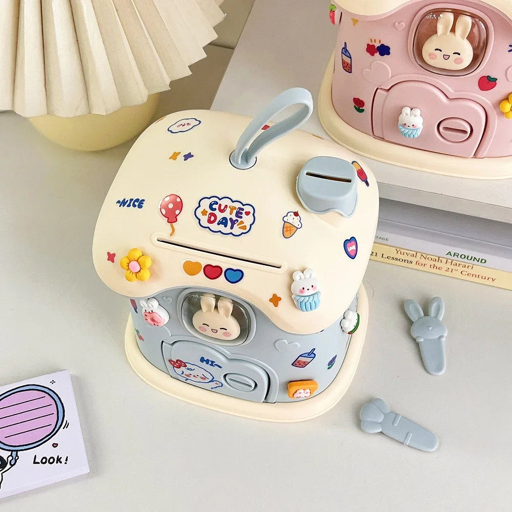jouet maison banque rose bleu lapins ballons fruits cartoon enfant porte fenetre poignée cute