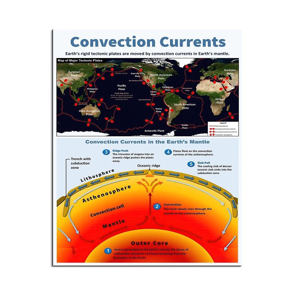 Cette image illustre les courants de convection dans le manteau terrestre, qui déplacent les plaques tectoniques. Elle montre une carte des principales plaques tectoniques ainsi qu'un schéma détaillé des différents processus impliqués dans la convection mantellique.