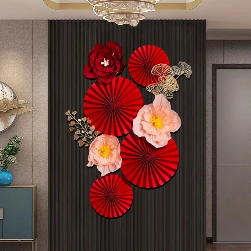 décoration murale festive asiatique fanions papier fleurs motifs calligraphie rouge blanc doré