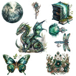 autocollants adhésifs naturels fantastiques feuilles papillon livre dragon blanc vert noirs artisanat scrapbooking