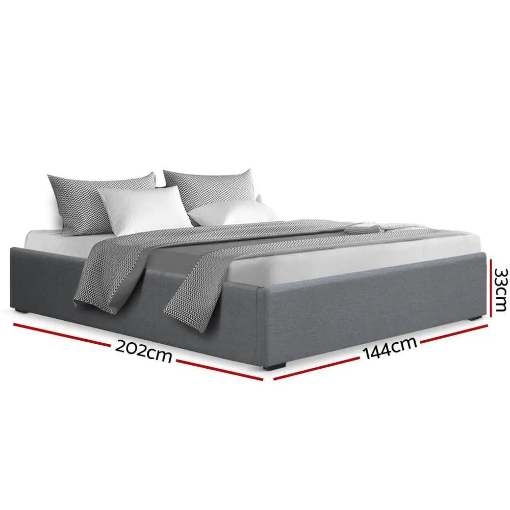 lit moderne coffre gris clair ouverture hydraulique tissu texturé blanc lattes bois