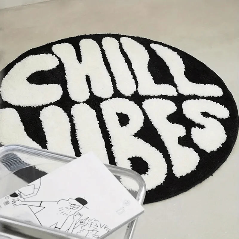 tapis rond polyester chill vibes antidérapant moderne salon chambre noire blanche