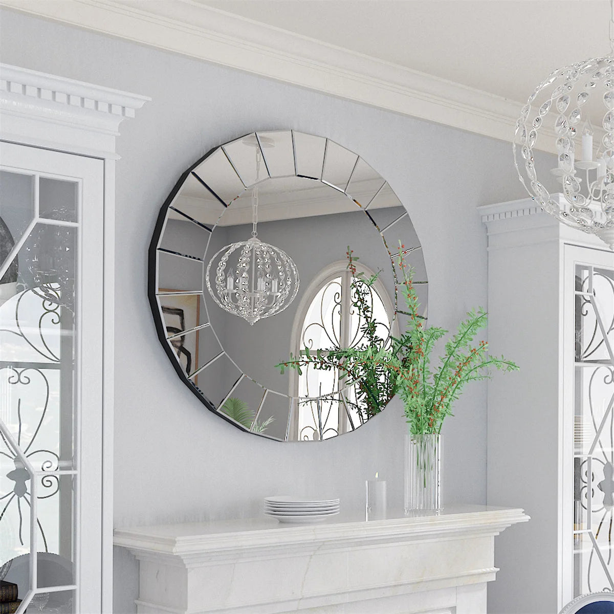 Vue de côté du miroir rond montrant son support MDF