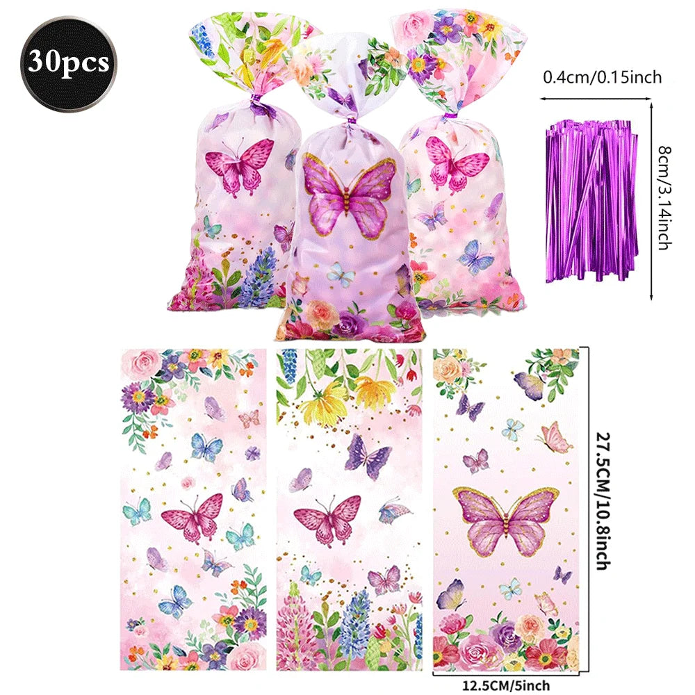 décoration fête anniversaire enfants guirlande happy birthday assiettes serviettes gâteau tasses bonbons floral papillons