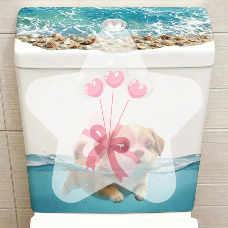cache wc adhésif moderne chiot nageur coquillages sable bulles roses blanc bleu beige rose