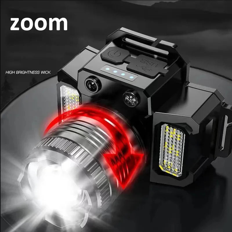 lampe frontale led noire bleue rouge sensor camping travail pêche chasse