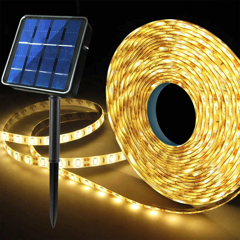 ruban led solaire 5m blanc chaud ip65 moderne adhésif externe 18+lumières