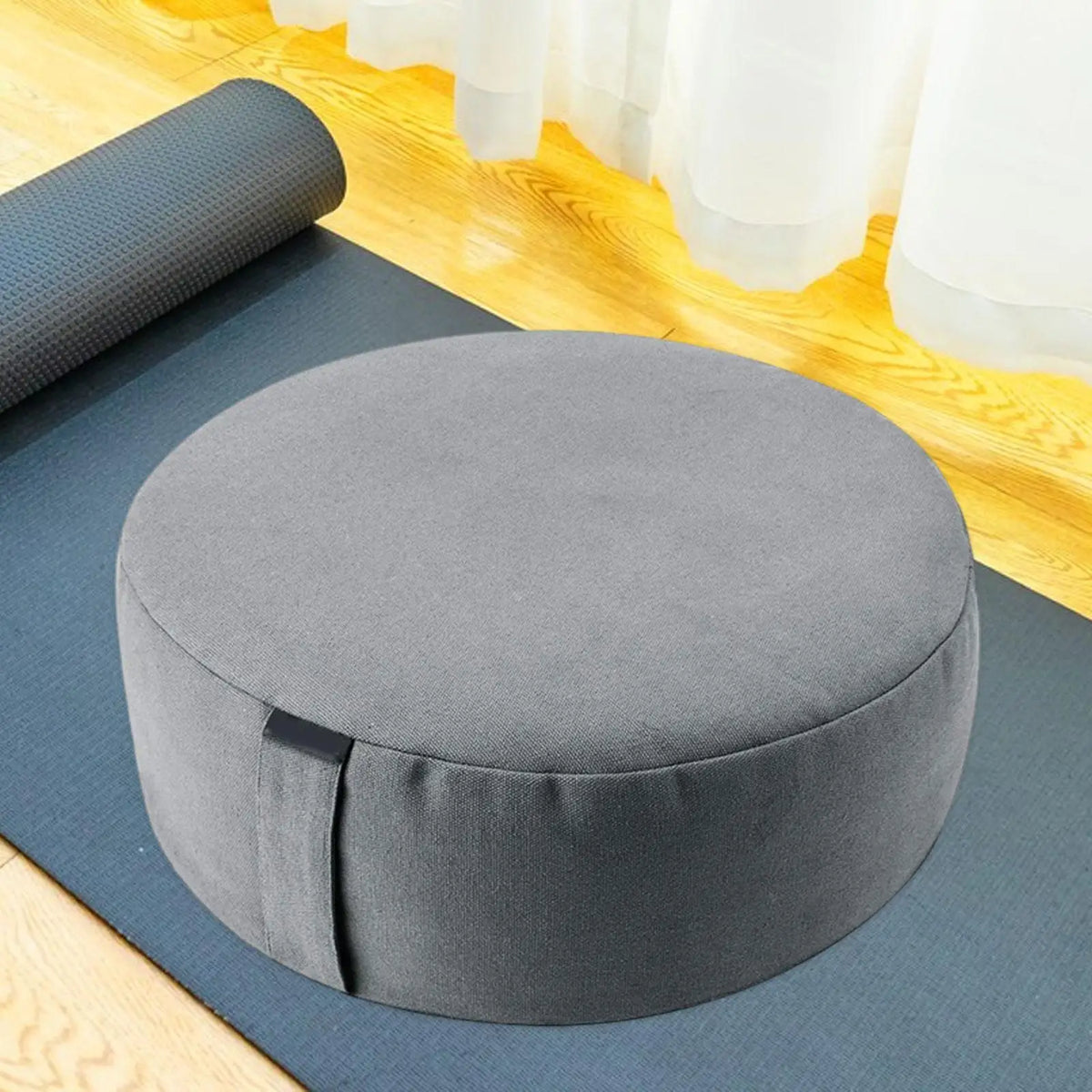 coussin méditation rond gris uni velours moderne portable ceinture serrage