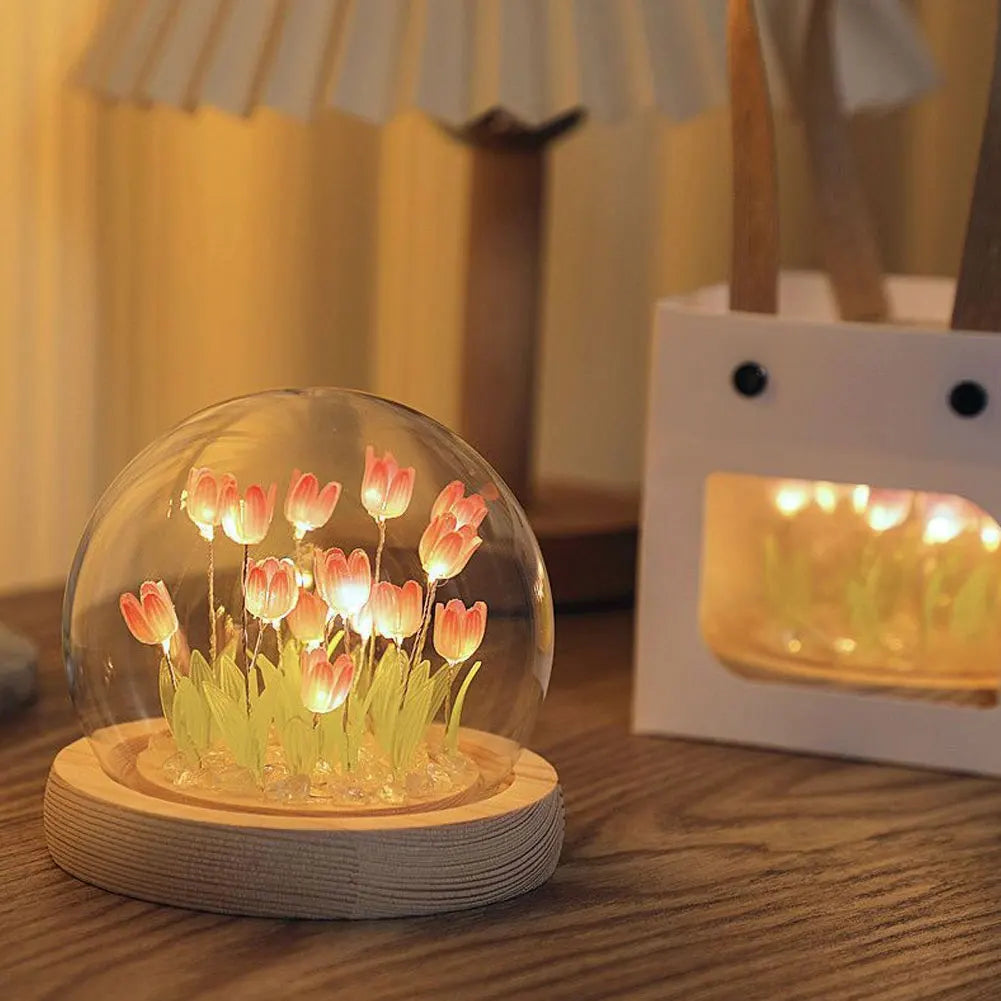 lampe décorative tulipe fleurs feuilles verre transparent base bois moderne minimaliste led ambiance chambre