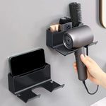 support mural moderne porte séchoir coiffeur brosses produits téléphone noir adhésif salle bain