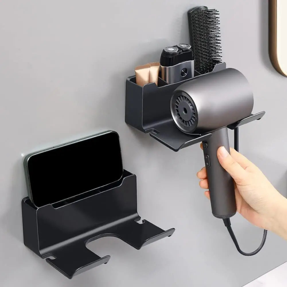 support mural moderne porte séchoir coiffeur brosses produits téléphone noir adhésif salle bain