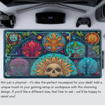 tapis jeu cartes artiste vitrail crâne fleurs feuilles symboles bleu vert orange rose noir