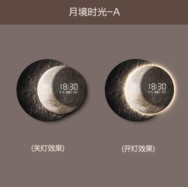 horloge murale moderne lunaire cratères gris blanc doré affichage numérique