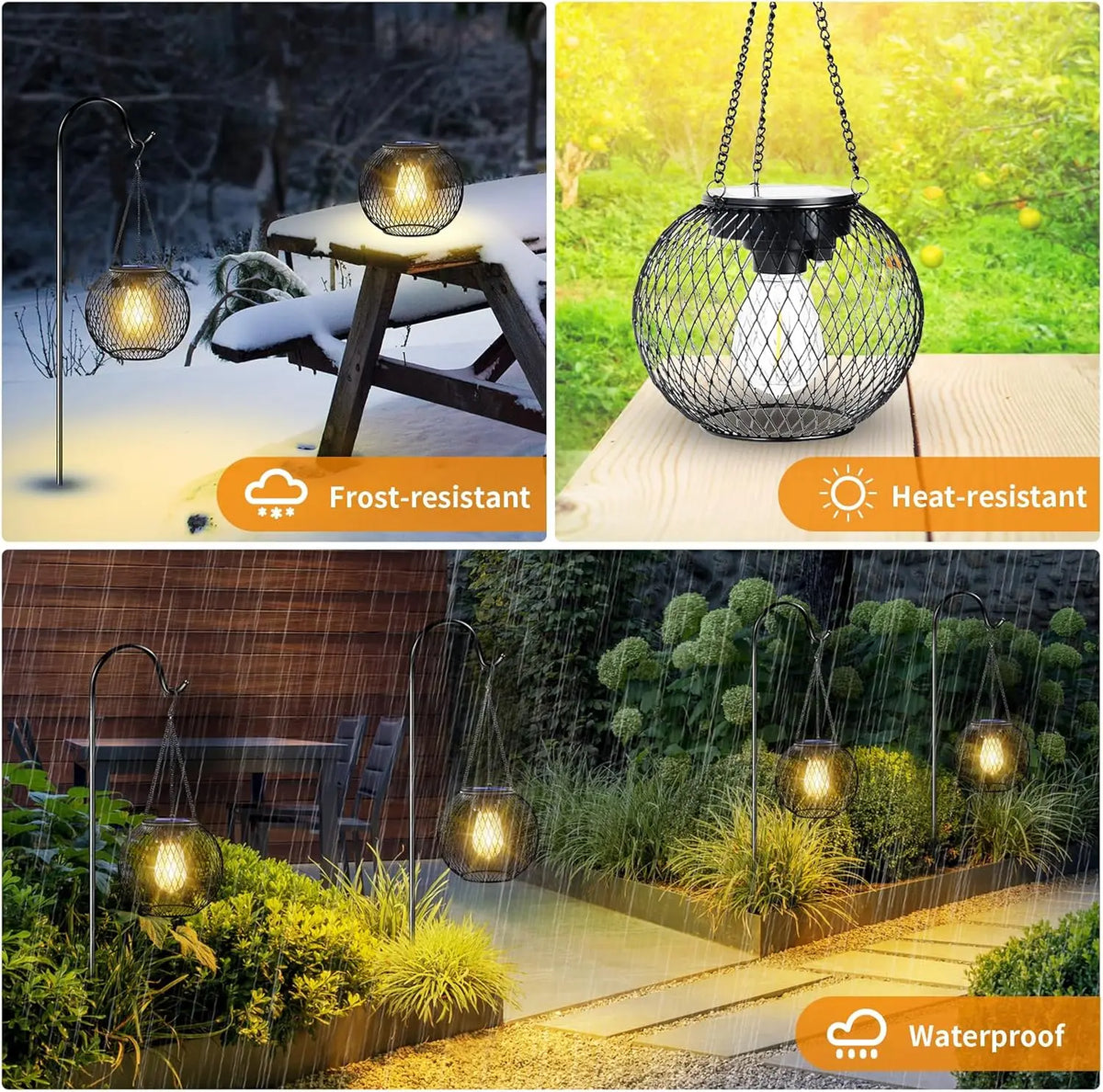 lampe solaire suspendue vintage noire maille métallique led élégante jardin patio dorée crochets chaînes