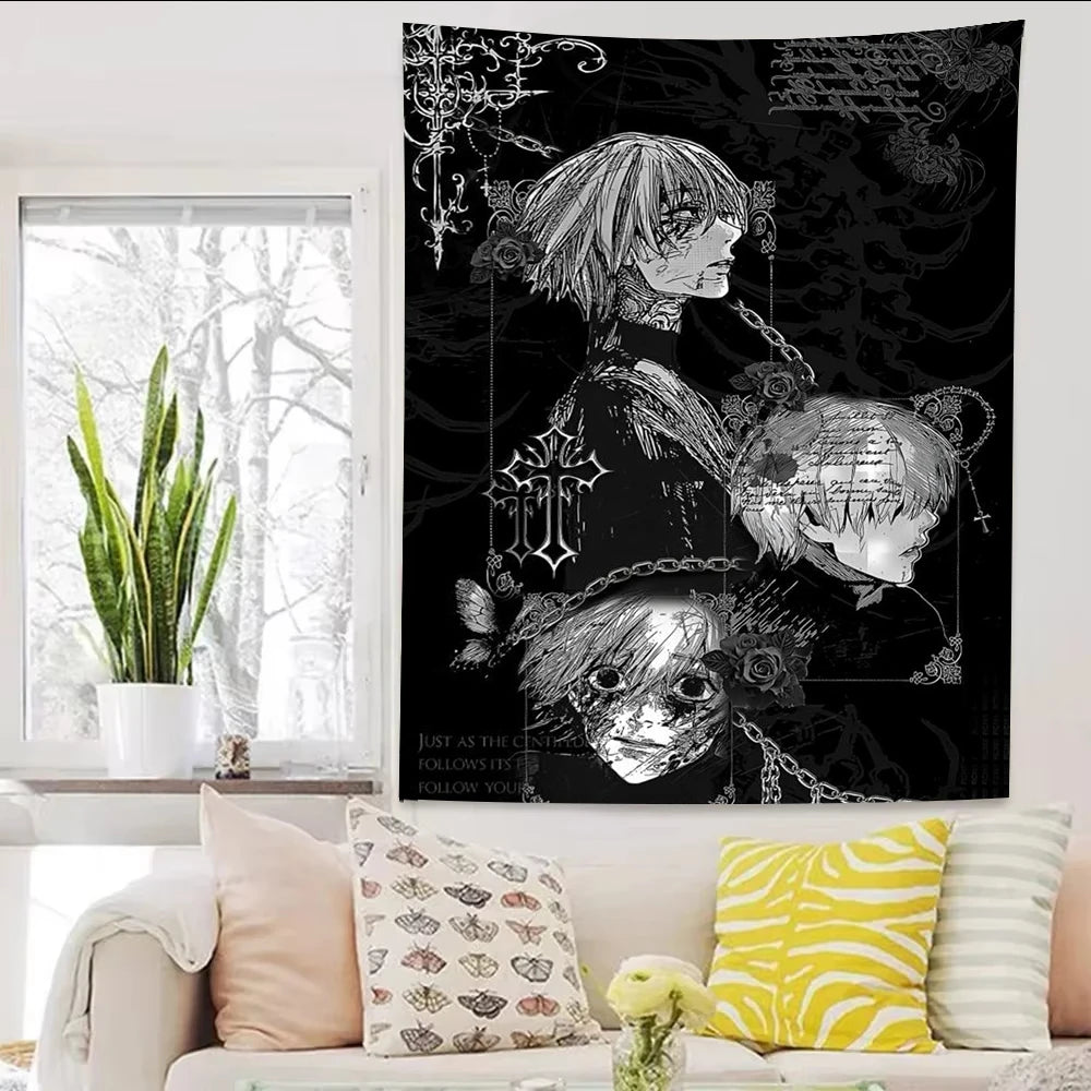 tapisserie murale gothique anime noir blanc décoration chambre esthétique tissu décoratif grand