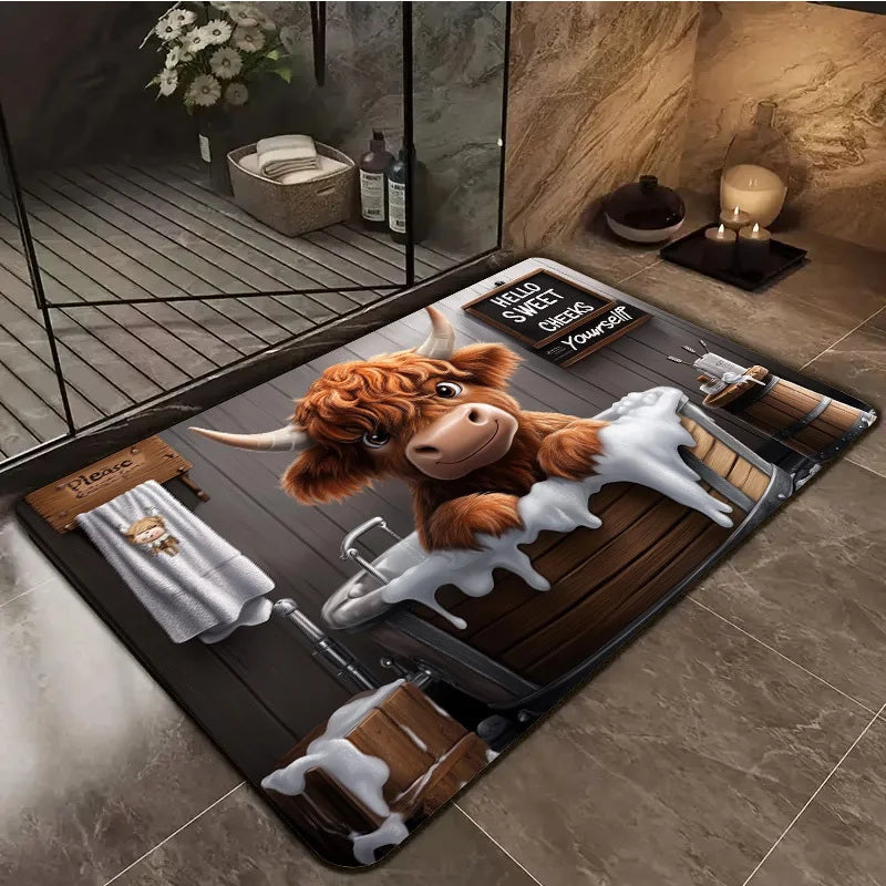 tapis sol antidérapant marron blanc motif taureau bain humour intérieur salon chambre