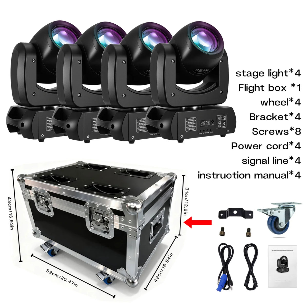 projecteurs led scène flight case roues brackets câbles instructions motifs lumineux professionnel événementiel