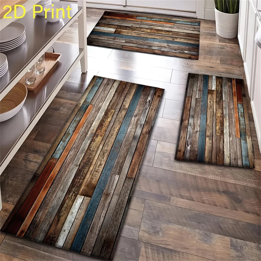Tapis imperméable noir motif bois rayé dans une cuisine