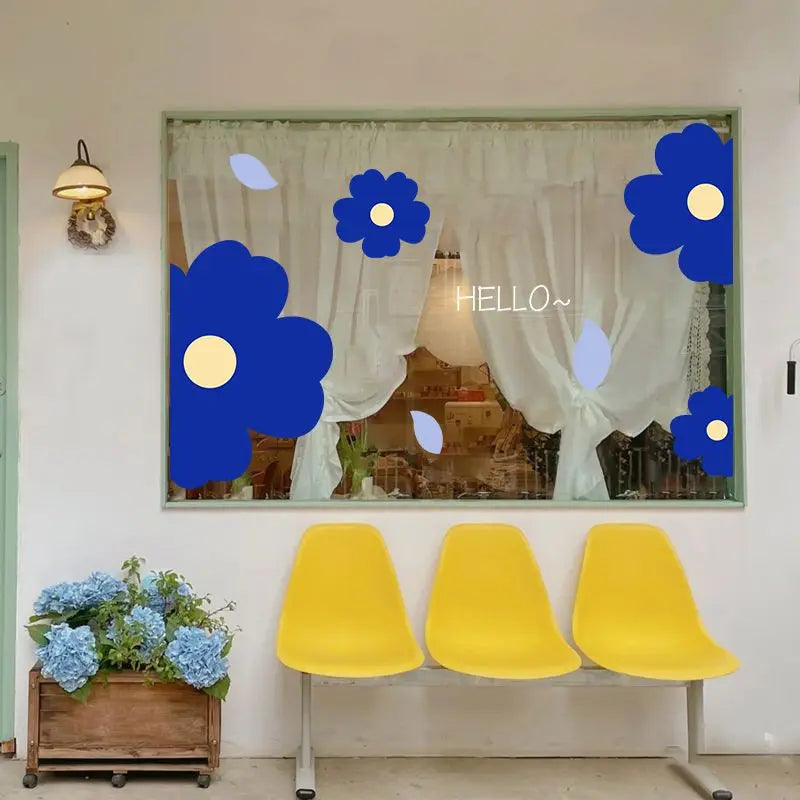 sticker mural bleu fleurs stylisées moderne adhésif diy décoration cuisine salle bain pvc miroir