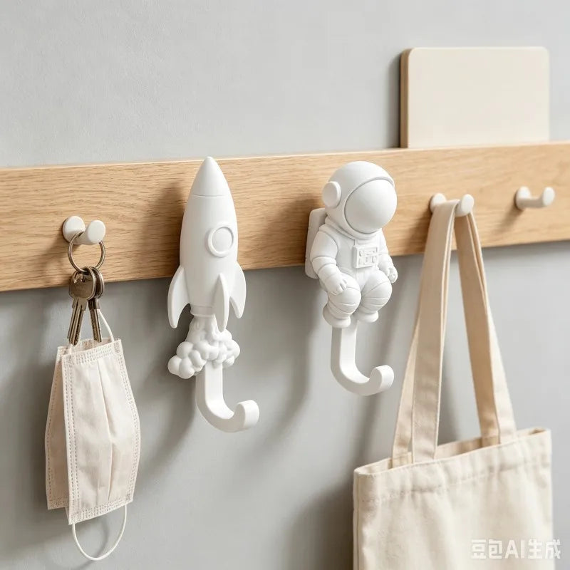 porte manteau mural astronaute fusée détails texturés noir blanc spatial decoratif enfants