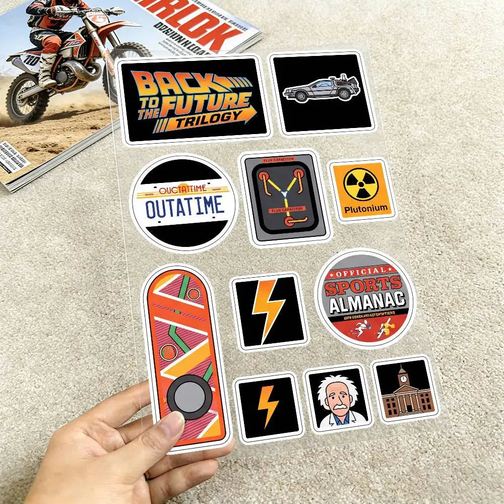 stickers réfléchissants retour futur multicolore delorean capaciteur plutonium pop art retro moto vélo